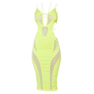 Pretty Little Thing- Yellow Mesh Panel Detail Elastic Strap Midi Dress
